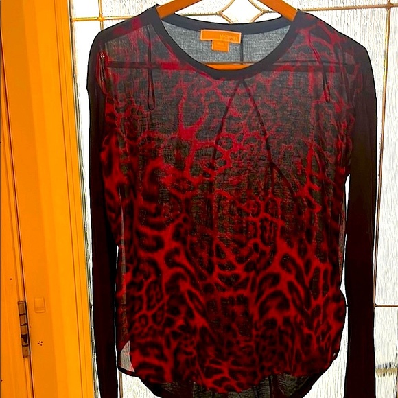 Michael Kors Red & Black Leopard Print Sheer Blouse Size Small Long Sleeve Top - Picture 6 of 10